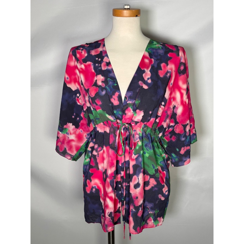 Alice‎ + Olivia Kimono Top Abstract Floral PinkNavy Drawstring Waist NoSz Tag - Picture 2 of 9